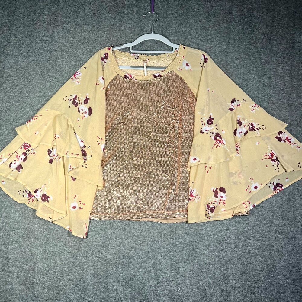 Free People Top Womens Small Shimmy & Shake Sequin Floral Flowy Boho Blouse XL